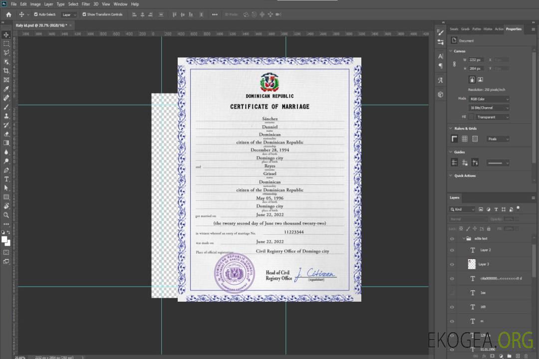 Modèle PSD de certificat de mariage en République dominicaine template
